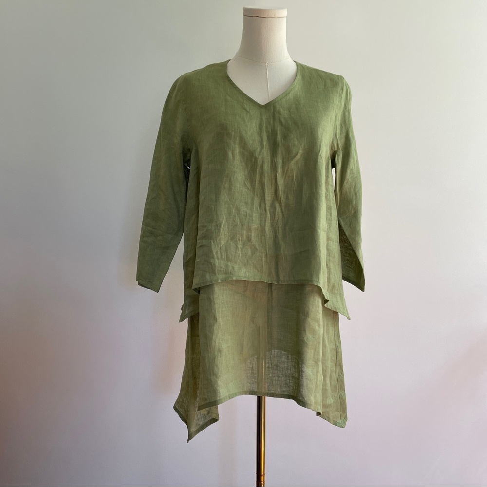 Caroline Rose Linen Layered Tunic Top Womens XS Minimalist Lagenlook Resort Sage